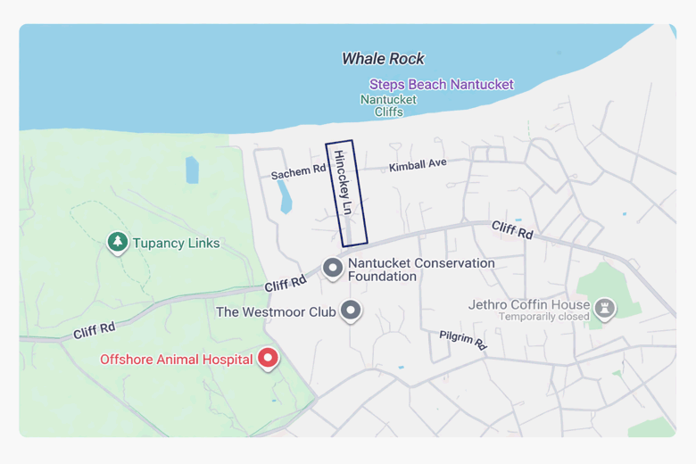 Neighborhood map of Hinckley Lane off Cliff Road showing the 200-yard path to Cliff Beach