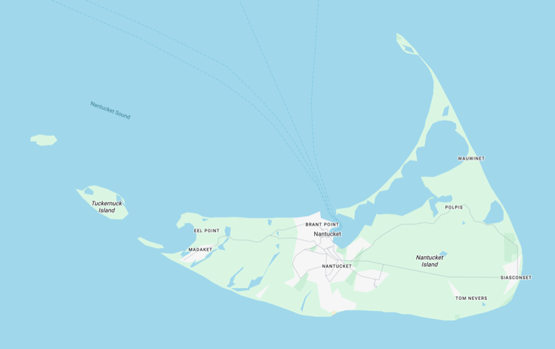 Overview map of Nantucket Island showing The Nantucket Sandcastle near Cliff Beach and Downtown